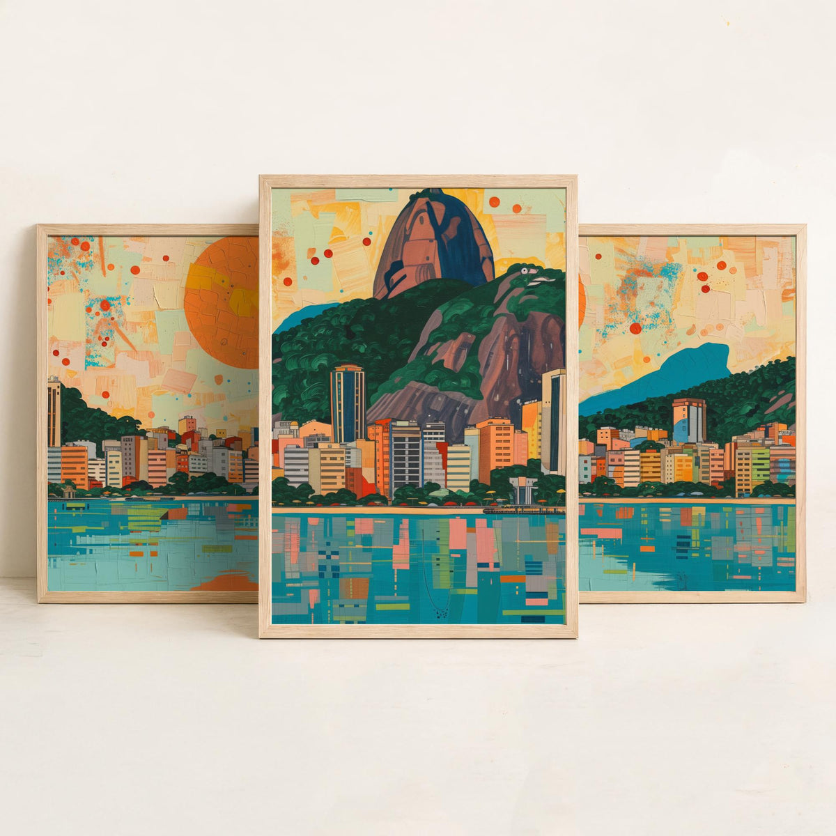 Rio de Janeiro Brazil Set of Three Prints - Christ the Redeemer, Sugarloaf, Guanabara Bay - 3 Panorama Art Prints Poster Painting