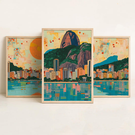 Rio de Janeiro Brazil Set of Three Prints - Christ the Redeemer, Sugarloaf, Guanabara Bay - 3 Panorama Art Prints Poster Painting