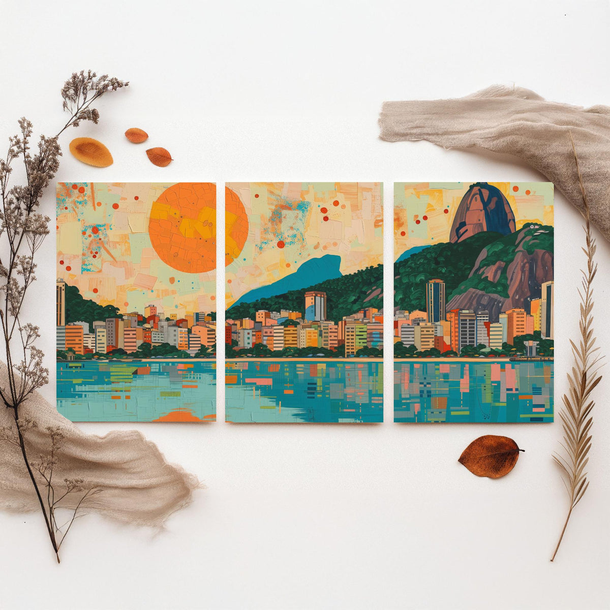 Rio de Janeiro Brazil Set of Three Prints - Christ the Redeemer, Sugarloaf, Guanabara Bay - 3 Panorama Art Prints Poster Painting