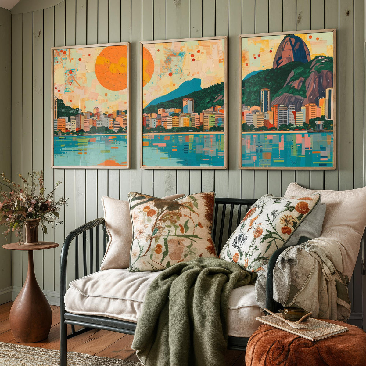 Rio de Janeiro Brazil Set of Three Prints - Christ the Redeemer, Sugarloaf, Guanabara Bay - 3 Panorama Art Prints Poster Painting