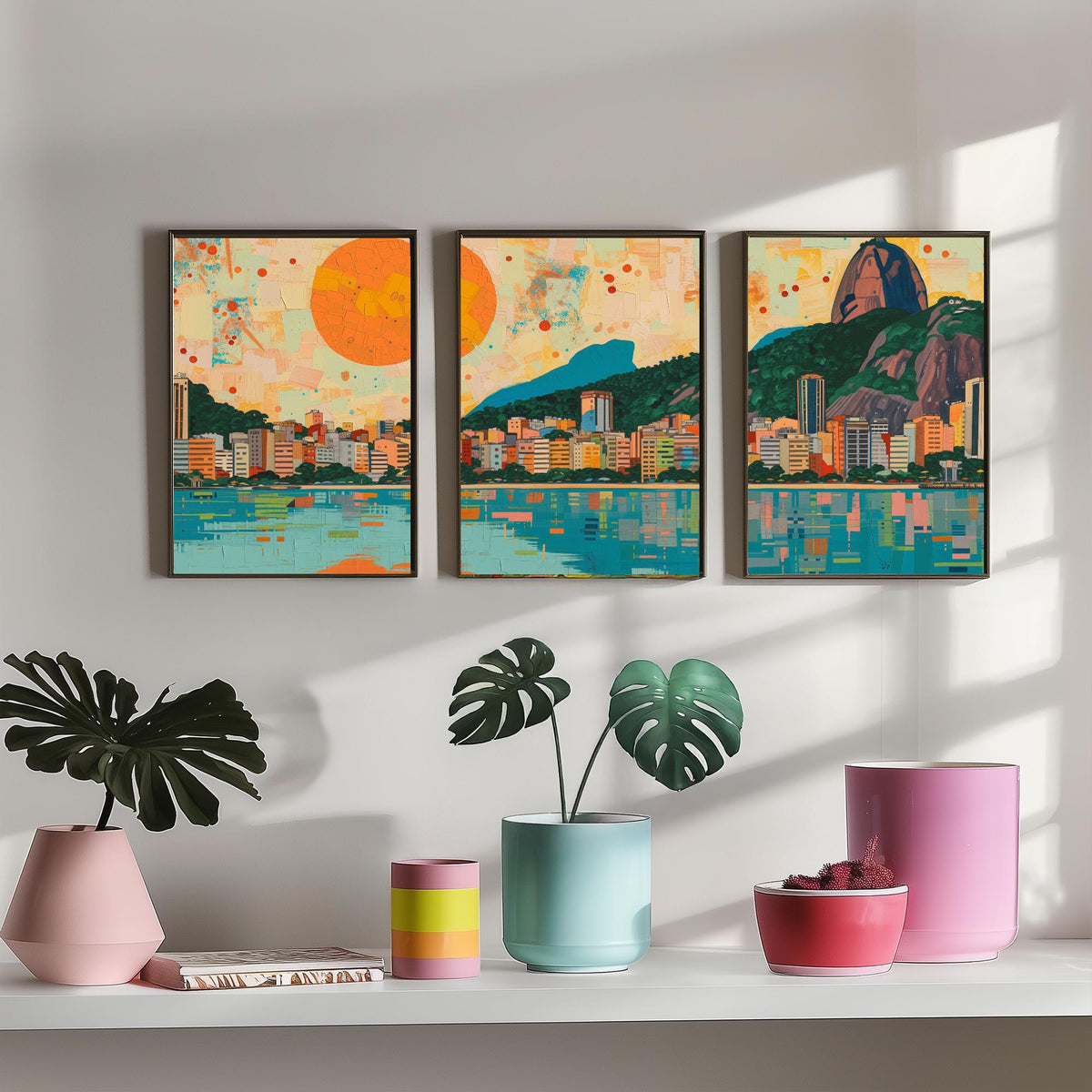 Rio de Janeiro Brazil Set of Three Prints - Christ the Redeemer, Sugarloaf, Guanabara Bay - 3 Panorama Art Prints Poster Painting