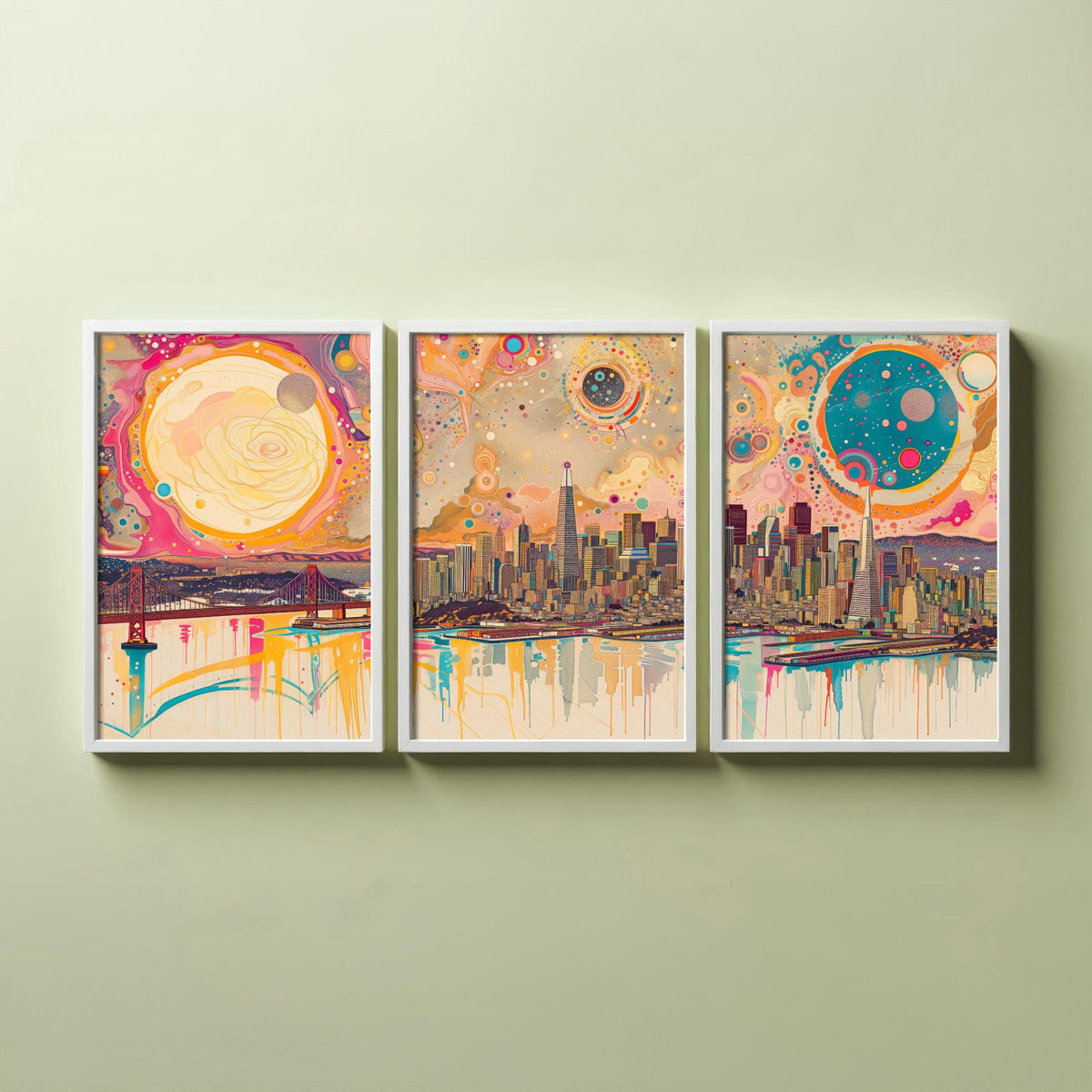 San Francisco USA Set of Three Prints - Golden Gate Bridge, Transamerica, Bay Skyline - 3 Panoramic Art Prints Poster Illustration