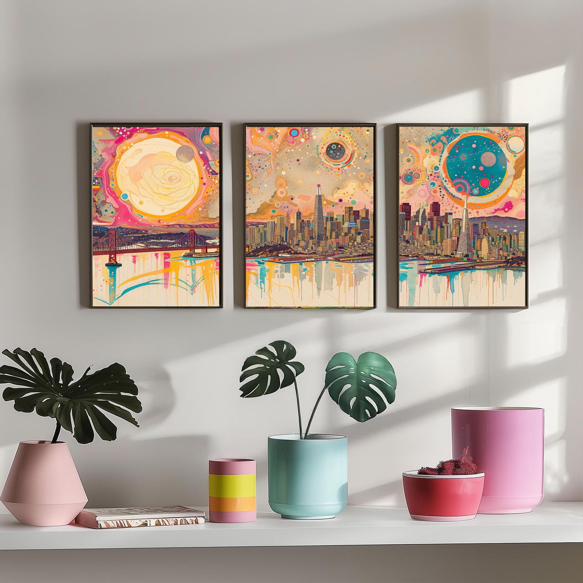 San Francisco USA Set of Three Prints - Golden Gate Bridge, Transamerica, Bay Skyline - 3 Panoramic Art Prints Poster Illustration