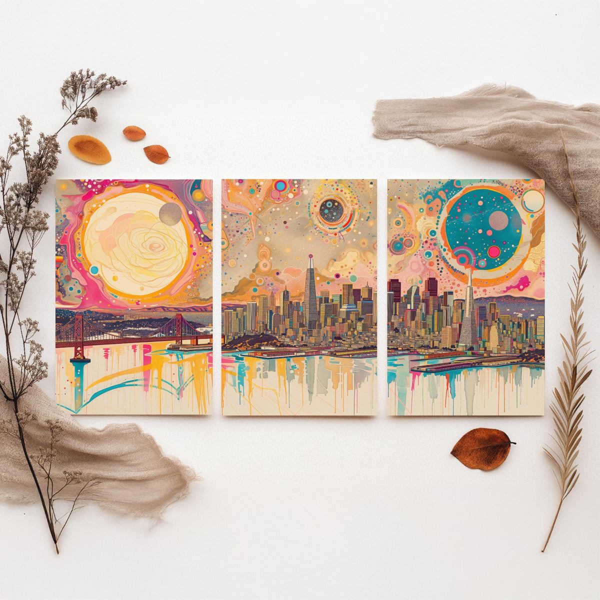 San Francisco USA Set of Three Prints - Golden Gate Bridge, Transamerica, Bay Skyline - 3 Panoramic Art Prints Poster Illustration