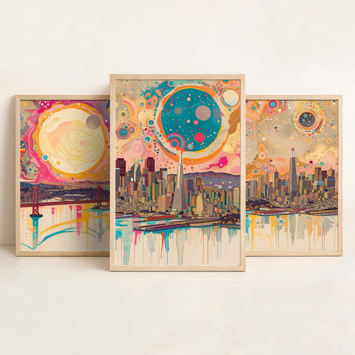 San Francisco USA Set of Three Prints - Golden Gate Bridge, Transamerica, Bay Skyline - 3 Panoramic Art Prints Poster Illustration