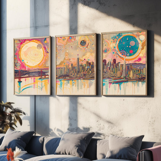 San Francisco USA Set of Three Prints - Golden Gate Bridge, Transamerica, Bay Skyline - 3 Panoramic Art Prints Poster Illustration
