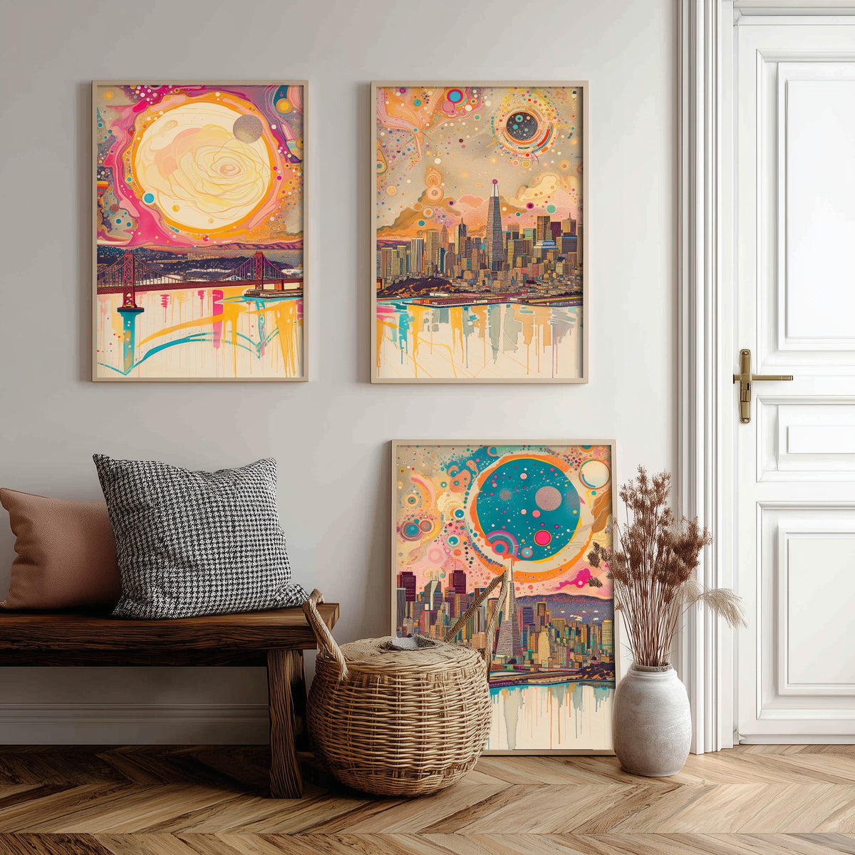 San Francisco USA Set of Three Prints - Golden Gate Bridge, Transamerica, Bay Skyline - 3 Panoramic Art Prints Poster Illustration