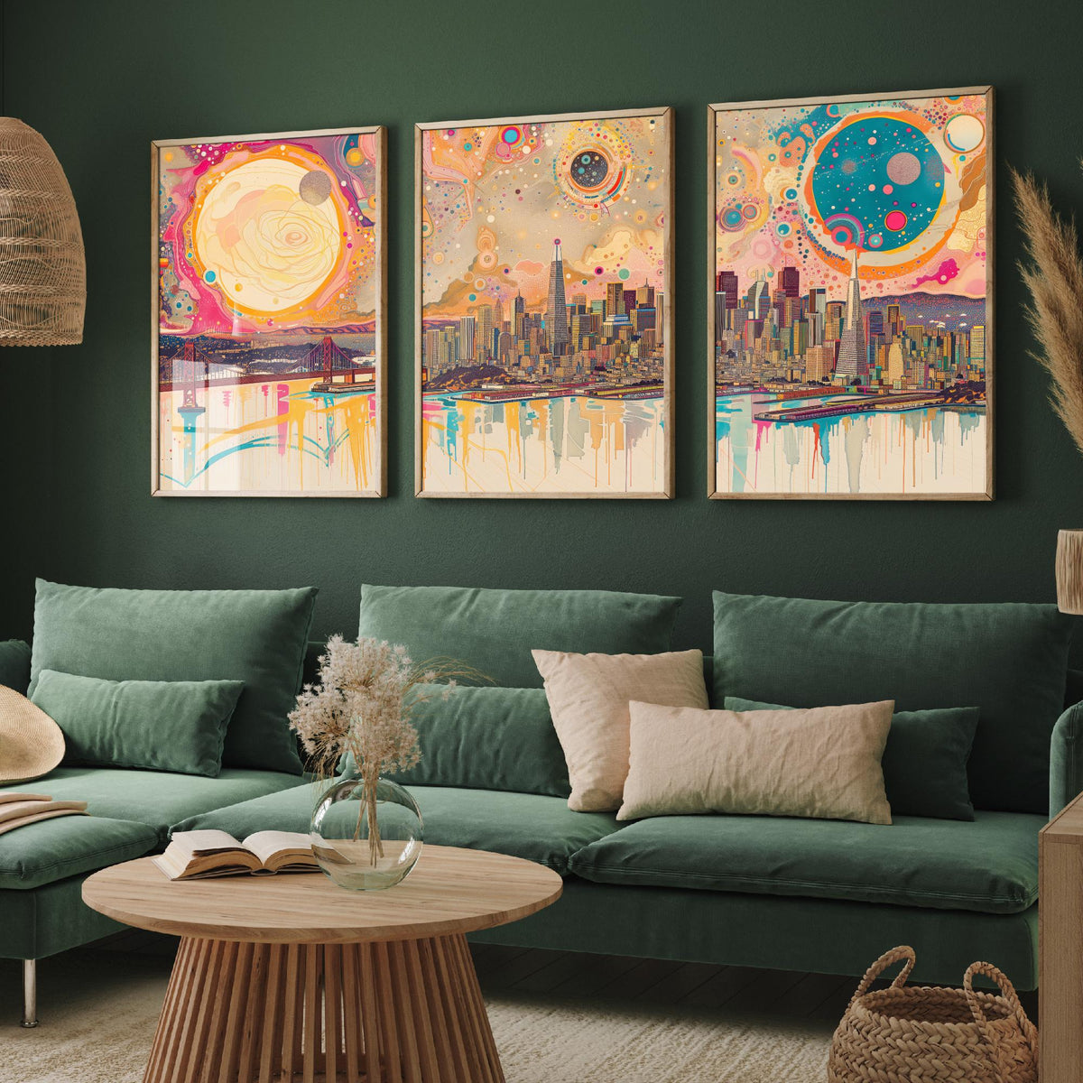 San Francisco USA Set of Three Prints - Golden Gate Bridge, Transamerica, Bay Skyline - 3 Panoramic Art Prints Poster Illustration