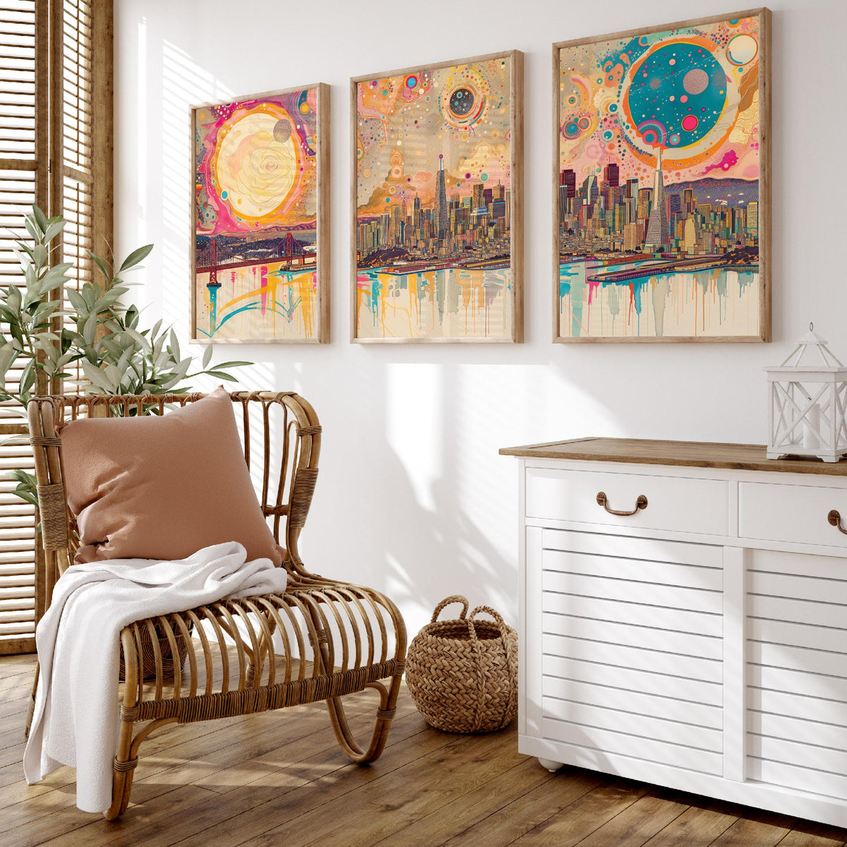 San Francisco USA Set of Three Prints - Golden Gate Bridge, Transamerica, Bay Skyline - 3 Panoramic Art Prints Poster Illustration
