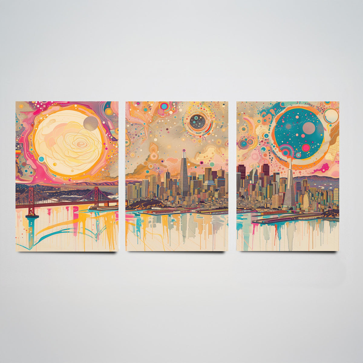 San Francisco USA Set of Three Prints - Golden Gate Bridge, Transamerica, Bay Skyline - 3 Panoramic Art Prints Poster Illustration
