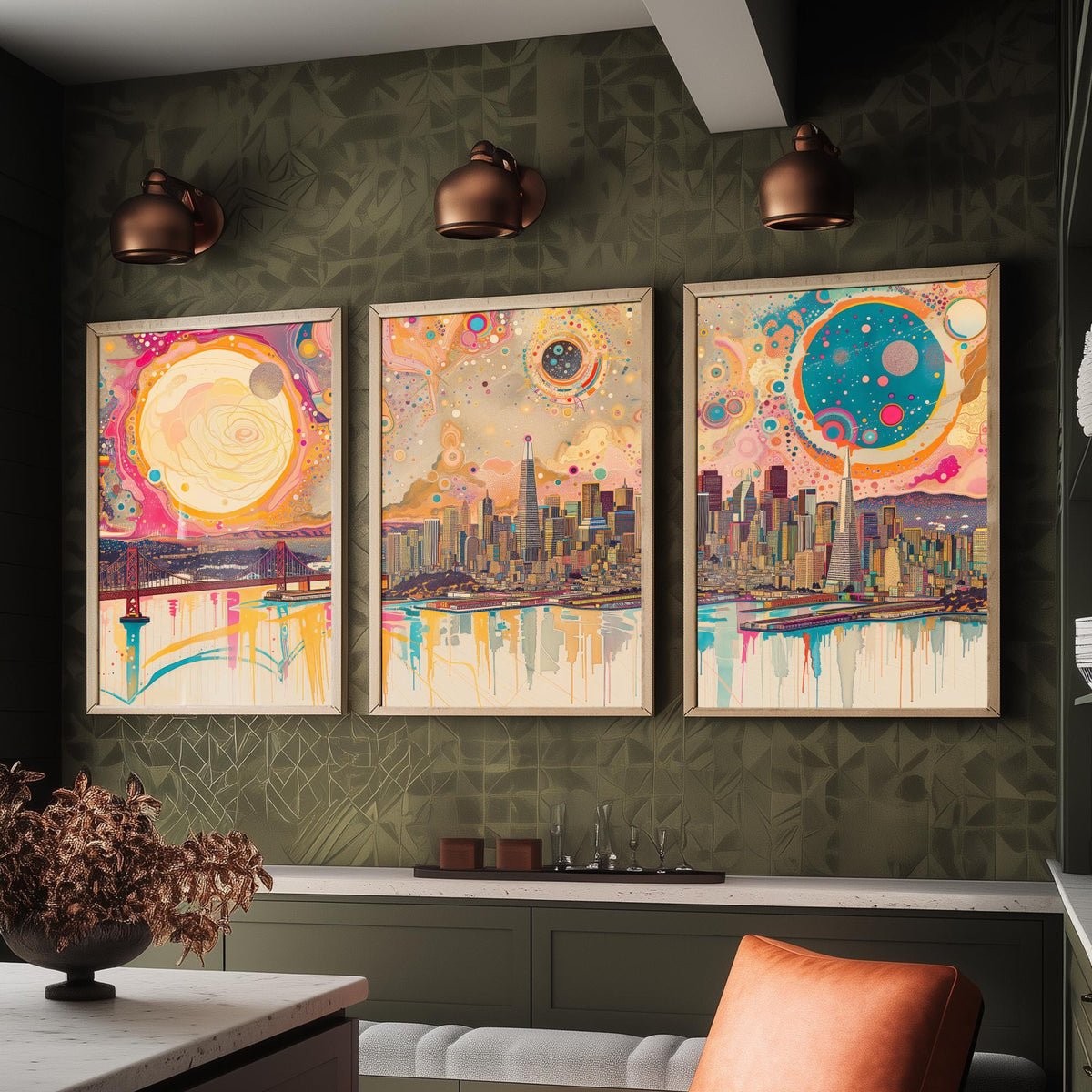 San Francisco USA Set of Three Prints - Golden Gate Bridge, Transamerica, Bay Skyline - 3 Panoramic Art Prints Poster Illustration