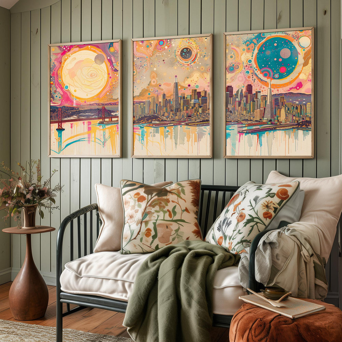 San Francisco USA Set of Three Prints - Golden Gate Bridge, Transamerica, Bay Skyline - 3 Panoramic Art Prints Poster Illustration