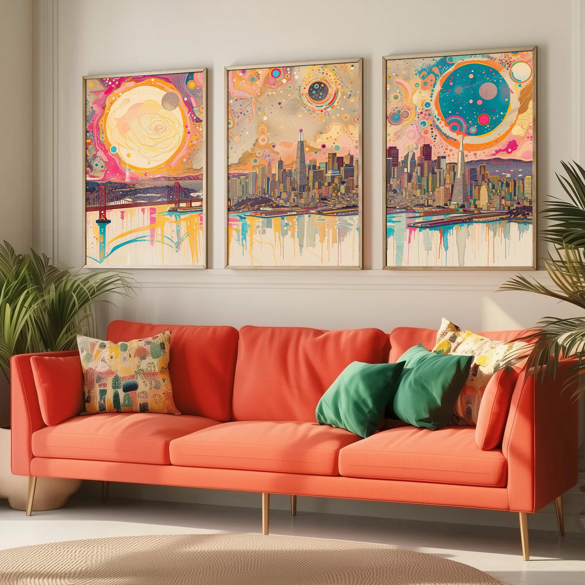 San Francisco USA Set of Three Prints - Golden Gate Bridge, Transamerica, Bay Skyline - 3 Panoramic Art Prints Poster Illustration