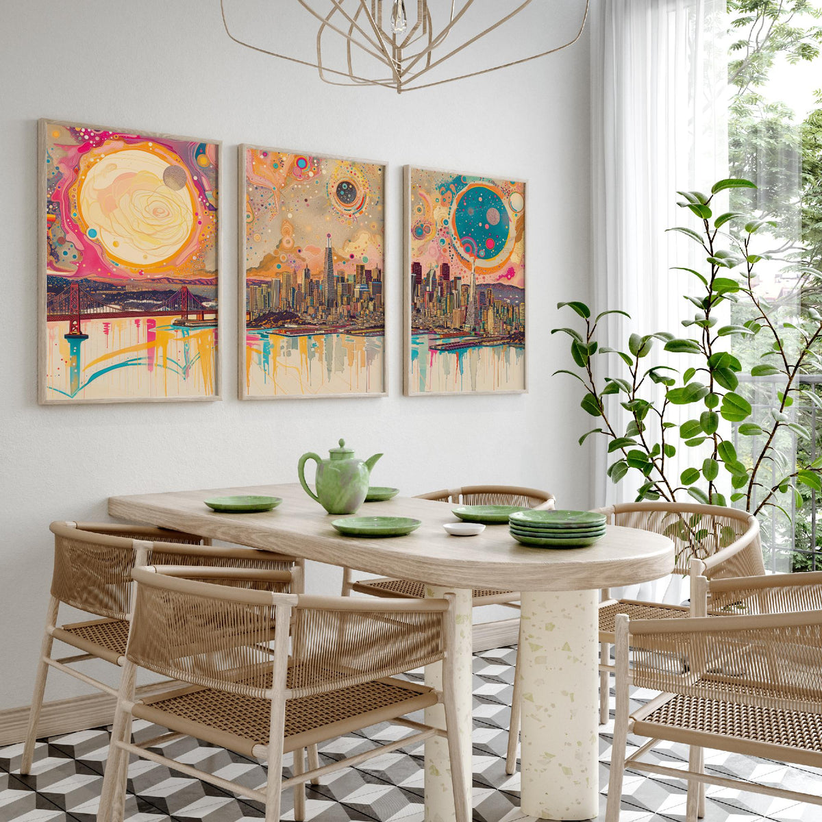 San Francisco USA Set of Three Prints - Golden Gate Bridge, Transamerica, Bay Skyline - 3 Panoramic Art Prints Poster Illustration