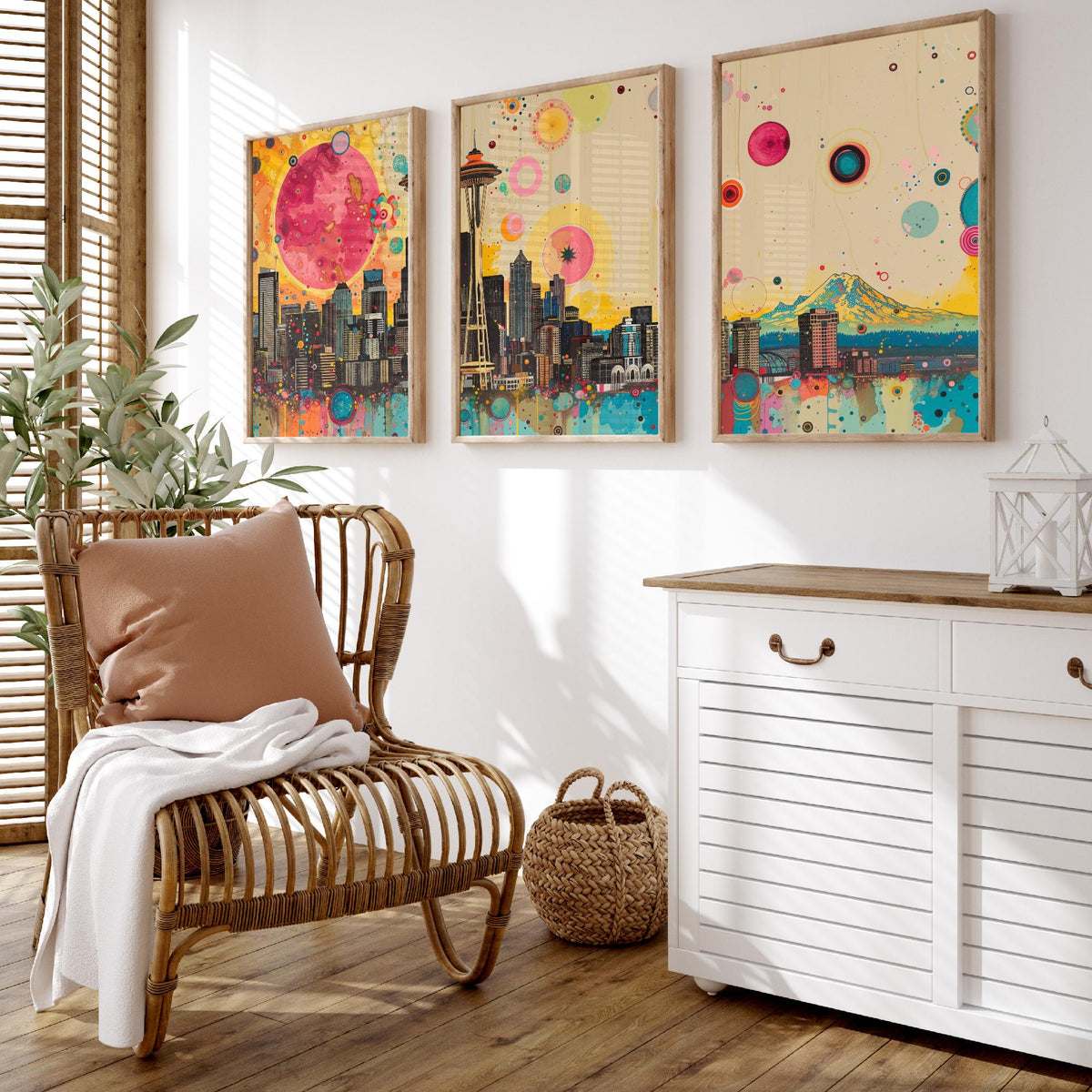Seattle USA Skyline Set of Three Prints - Space Needle, Mount Rainier, Downtown - 3 Panorama Art Prints Poster Painting