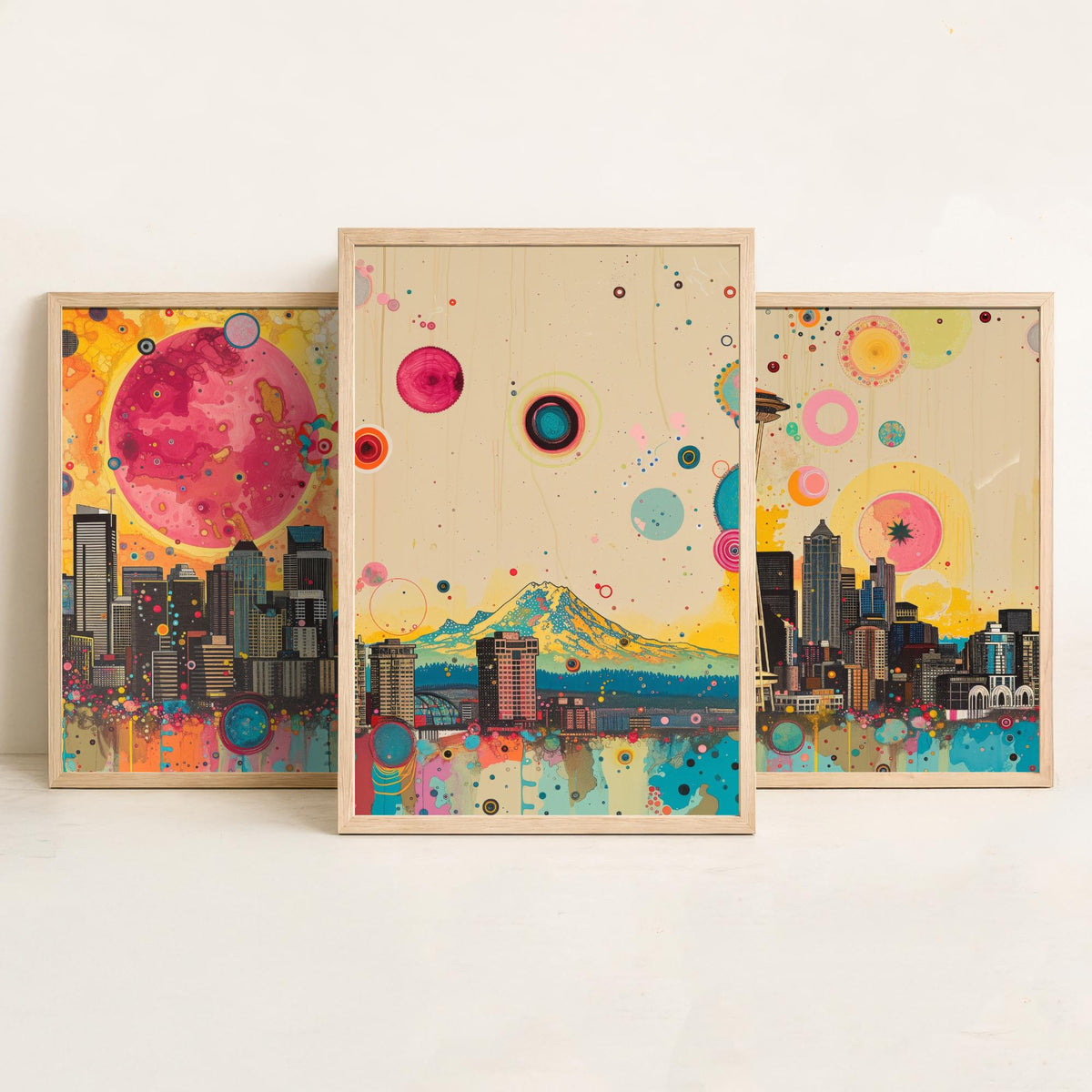 Seattle USA Skyline Set of Three Prints - Space Needle, Mount Rainier, Downtown - 3 Panorama Art Prints Poster Painting