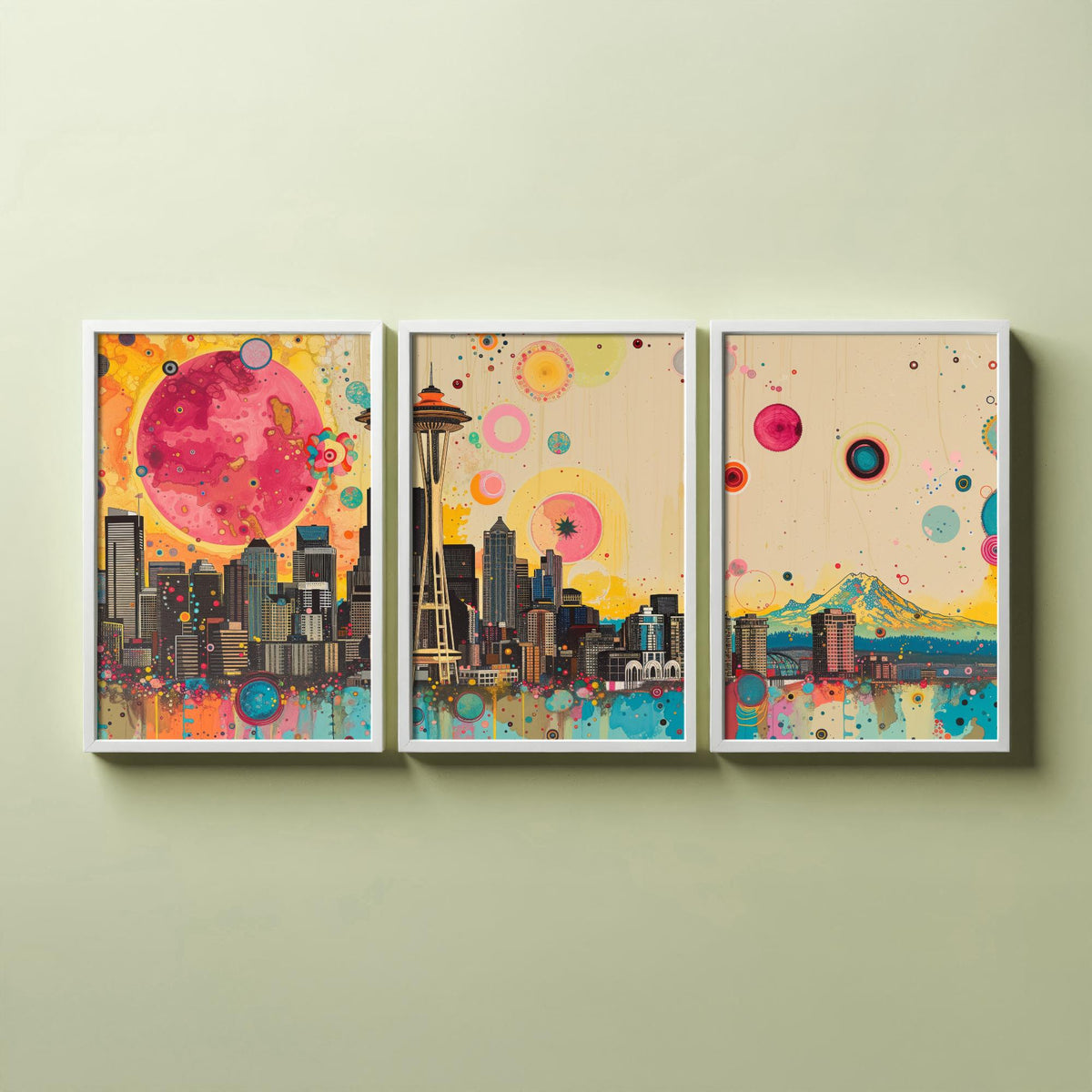 Seattle USA Skyline Set of Three Prints - Space Needle, Mount Rainier, Downtown - 3 Panorama Art Prints Poster Painting