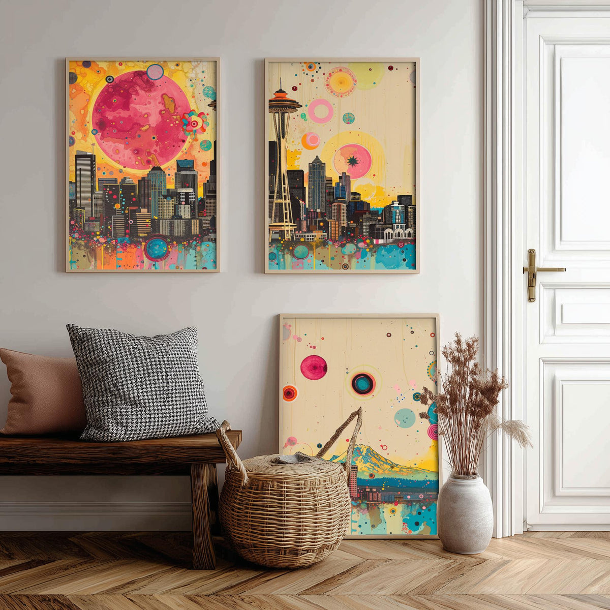 Seattle USA Skyline Set of Three Prints - Space Needle, Mount Rainier, Downtown - 3 Panorama Art Prints Poster Painting