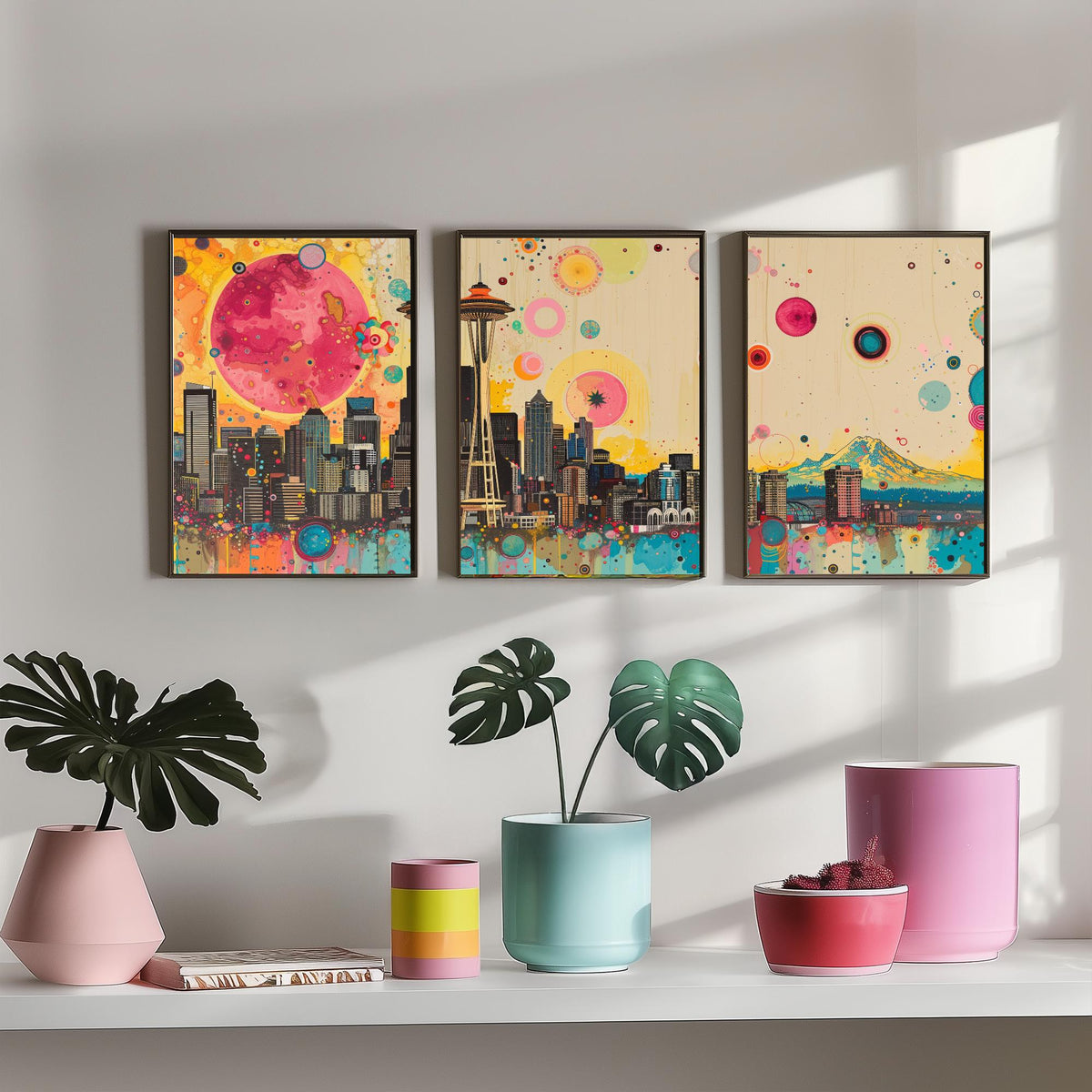 Seattle USA Skyline Set of Three Prints - Space Needle, Mount Rainier, Downtown - 3 Panorama Art Prints Poster Painting