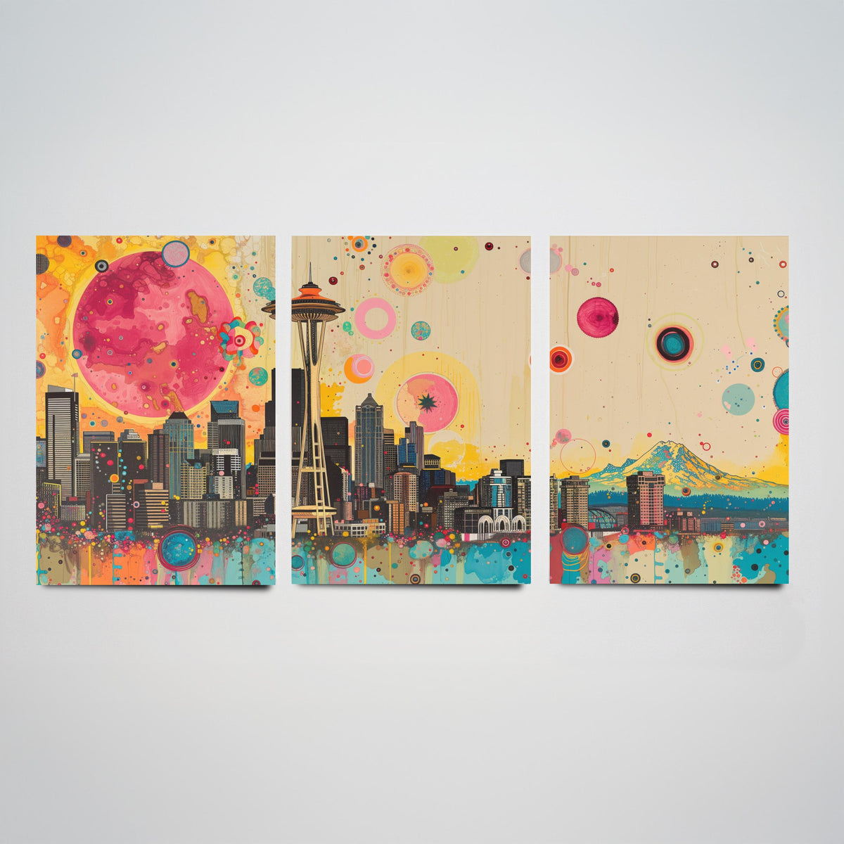 Seattle USA Skyline Set of Three Prints - Space Needle, Mount Rainier, Downtown - 3 Panorama Art Prints Poster Painting