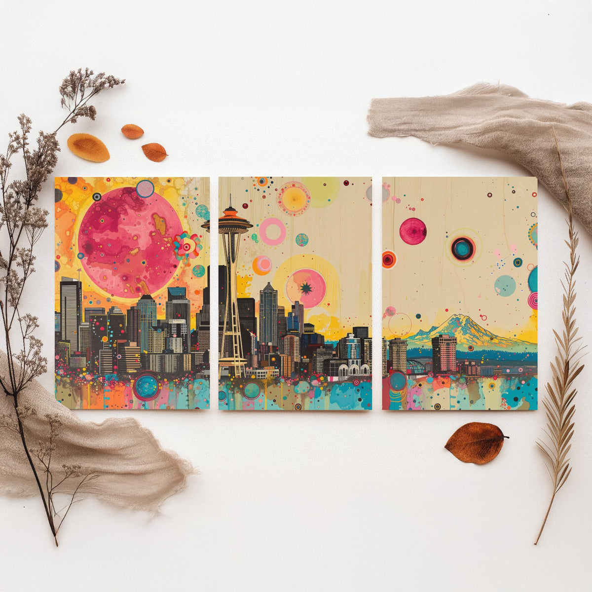 Seattle USA Skyline Set of Three Prints - Space Needle, Mount Rainier, Downtown - 3 Panorama Art Prints Poster Painting