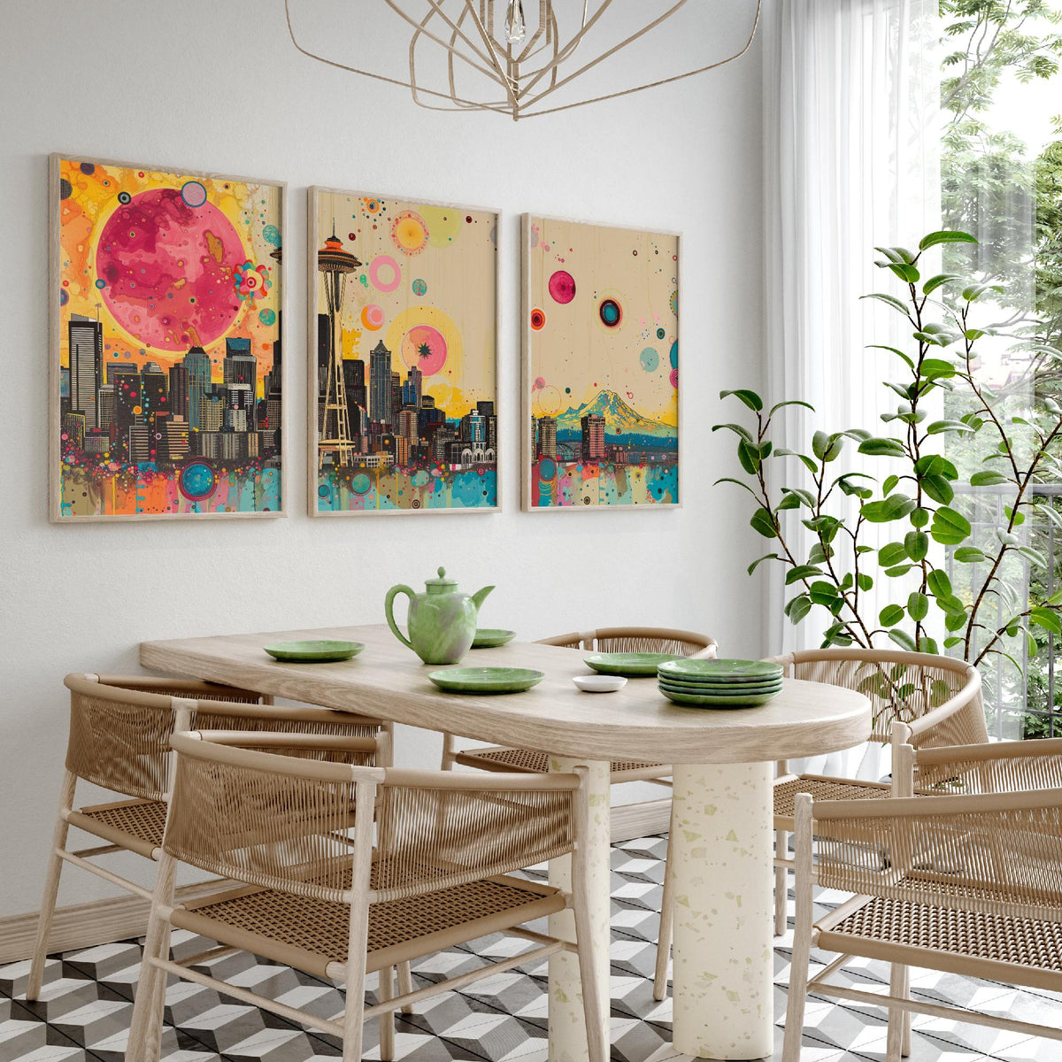 Seattle USA Skyline Set of Three Prints - Space Needle, Mount Rainier, Downtown - 3 Panorama Art Prints Poster Painting