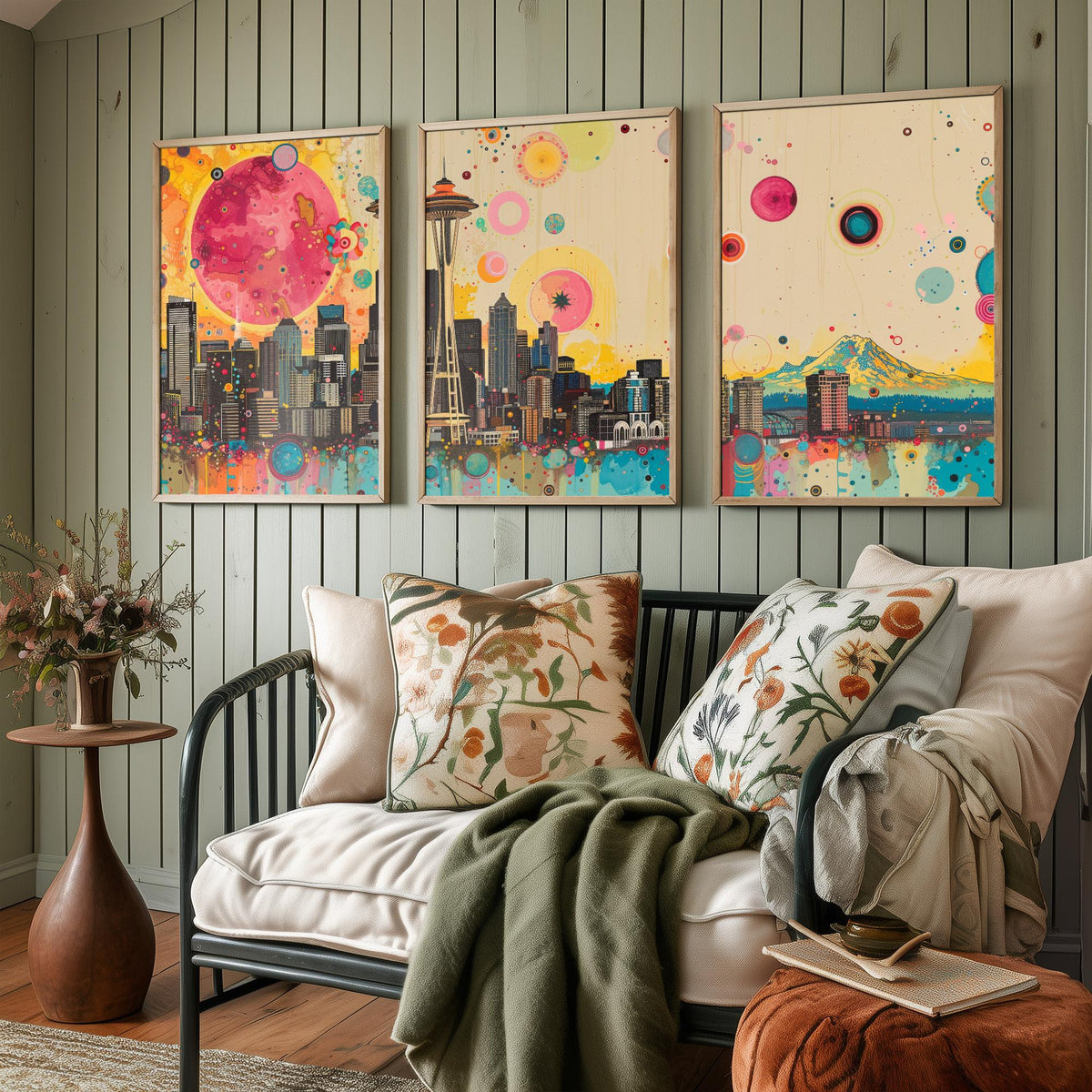 Seattle USA Skyline Set of Three Prints - Space Needle, Mount Rainier, Downtown - 3 Panorama Art Prints Poster Painting