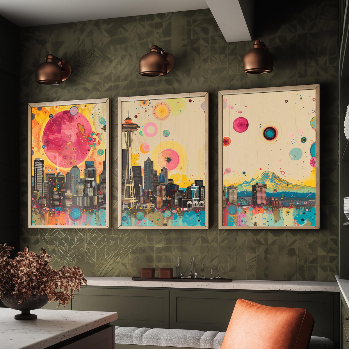 Seattle USA Skyline Set of Three Prints - Space Needle, Mount Rainier, Downtown - 3 Panorama Art Prints Poster Painting