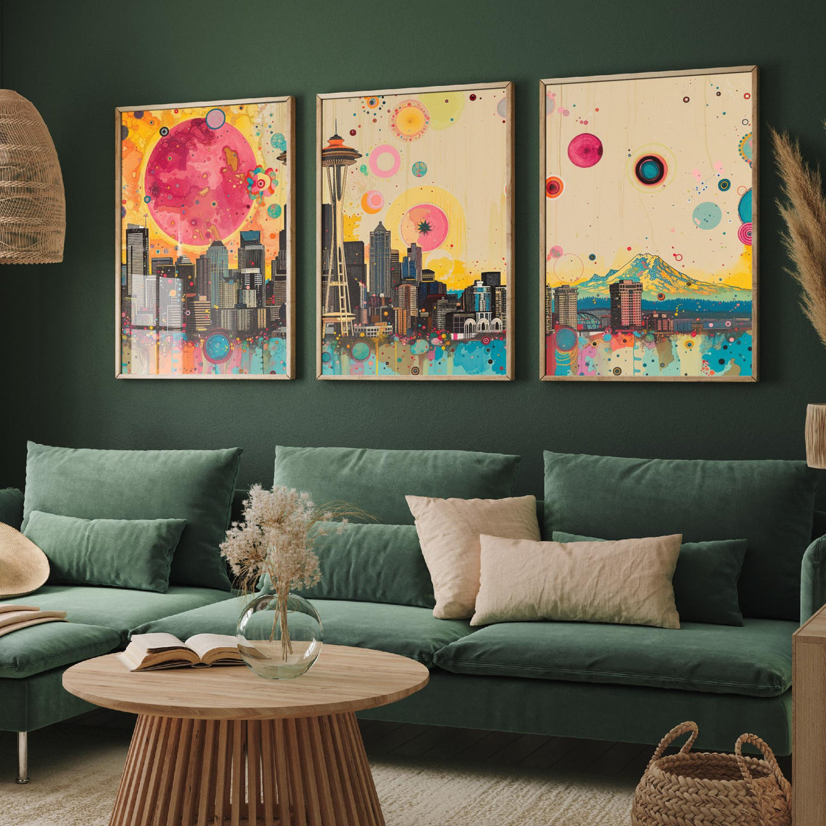 Seattle USA Skyline Set of Three Prints - Space Needle, Mount Rainier, Downtown - 3 Panorama Art Prints Poster Painting