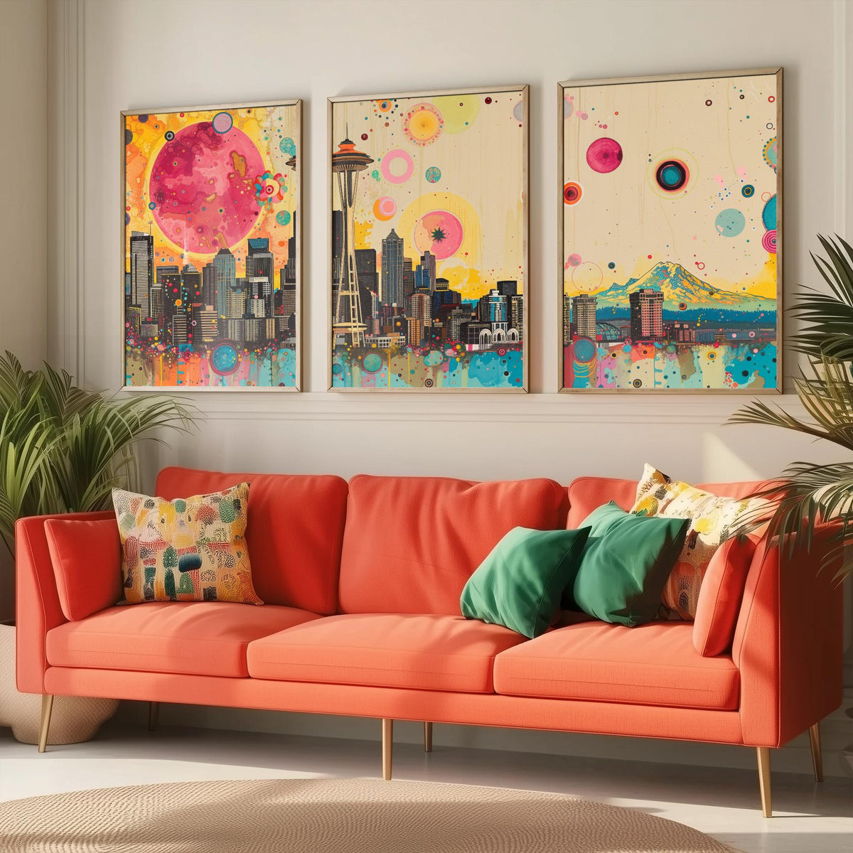 Seattle USA Skyline Set of Three Prints - Space Needle, Mount Rainier, Downtown - 3 Panorama Art Prints Poster Painting