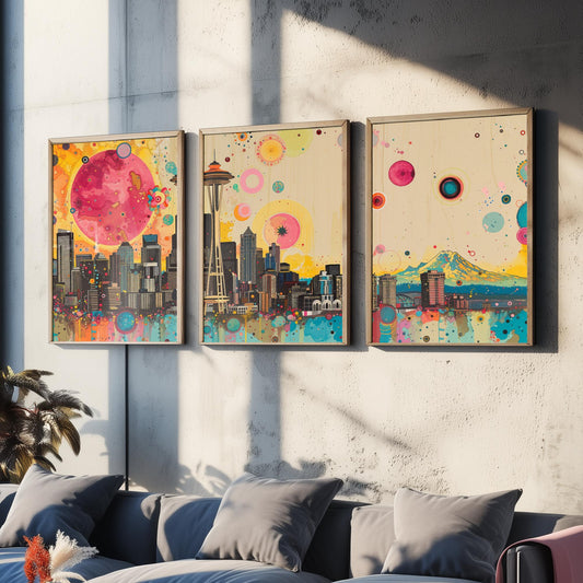 Seattle USA Skyline Set of Three Prints - Space Needle, Mount Rainier, Downtown - 3 Panorama Art Prints Poster Painting