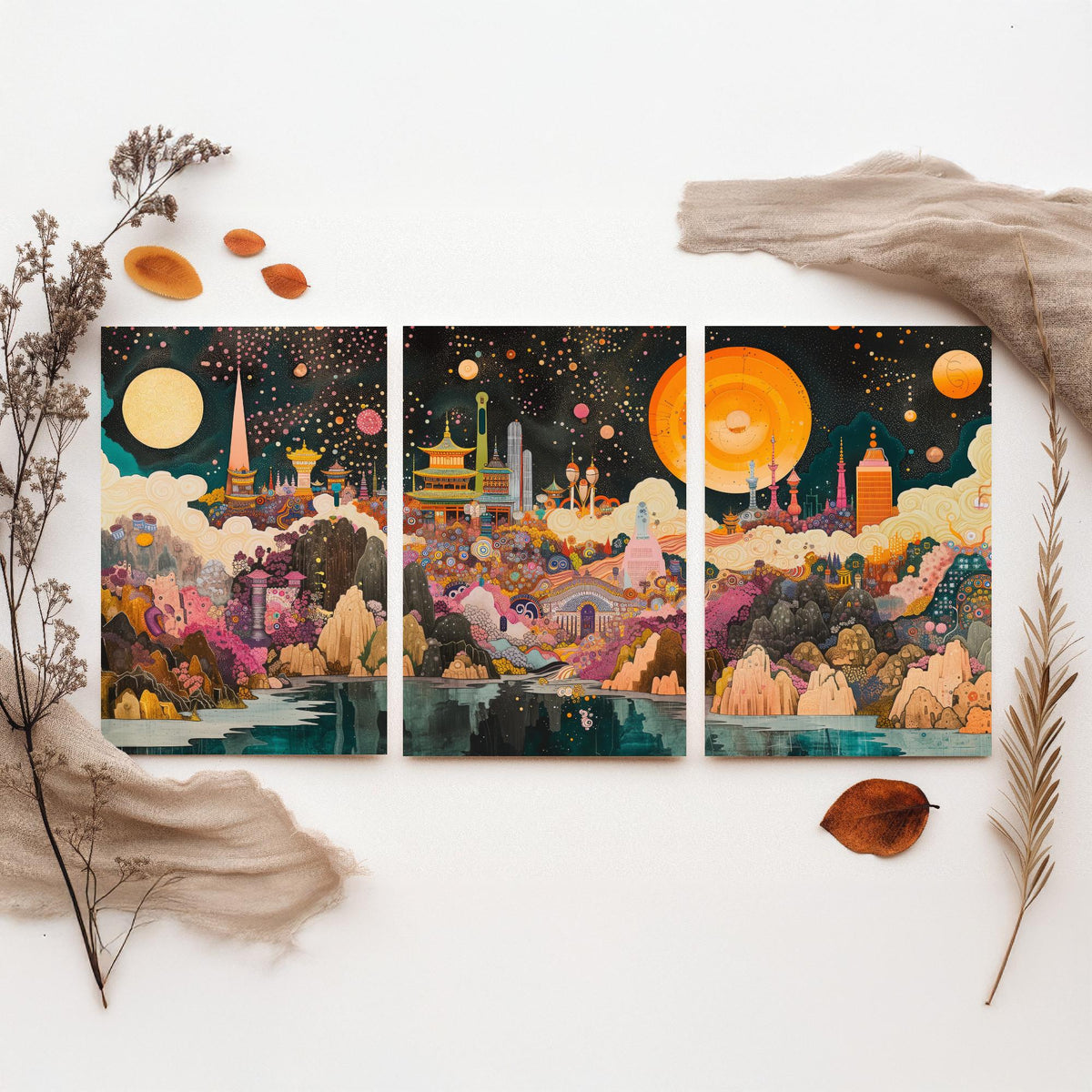 Seoul South Korea Skyline at Night Set of Three Prints - N Seoul Tower, Palaces, Namsan - 3 Art Prints Poster Painting