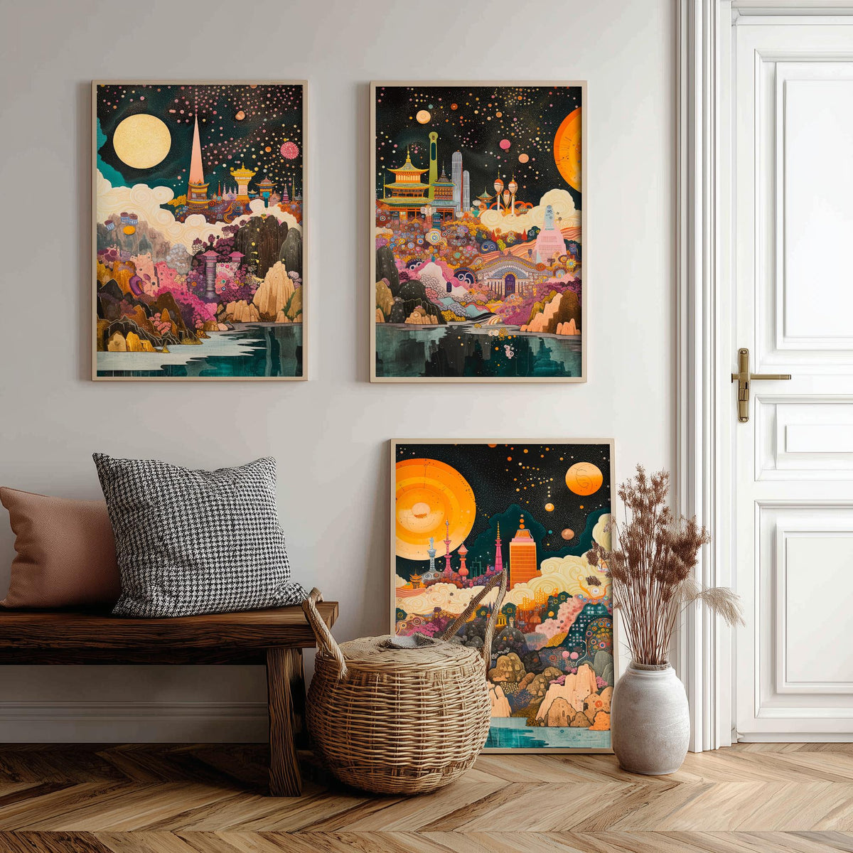 Seoul South Korea Skyline at Night Set of Three Prints - N Seoul Tower, Palaces, Namsan - 3 Art Prints Poster Painting