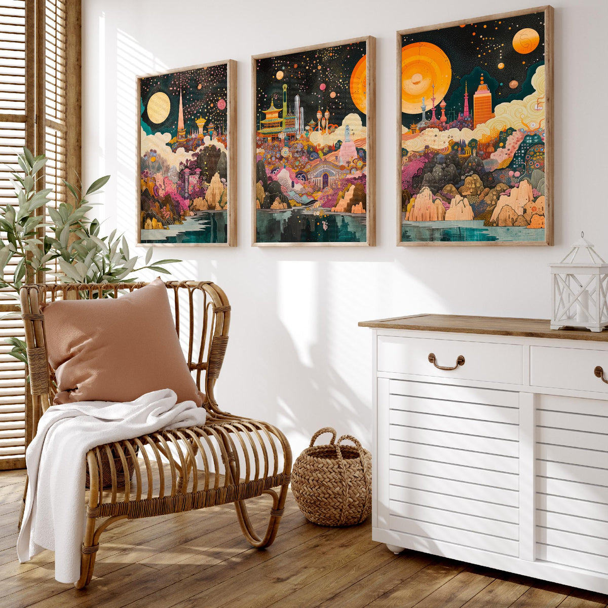Seoul South Korea Skyline at Night Set of Three Prints - N Seoul Tower, Palaces, Namsan - 3 Art Prints Poster Painting