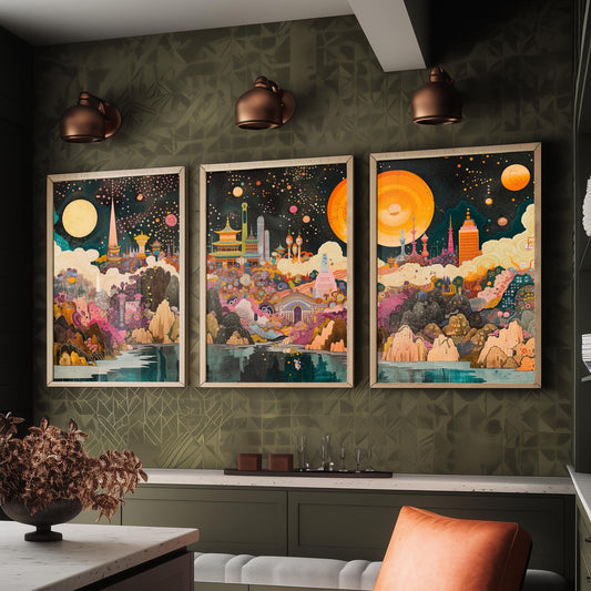 Seoul South Korea Skyline at Night Set of Three Prints - N Seoul Tower, Palaces, Namsan - 3 Art Prints Poster Painting