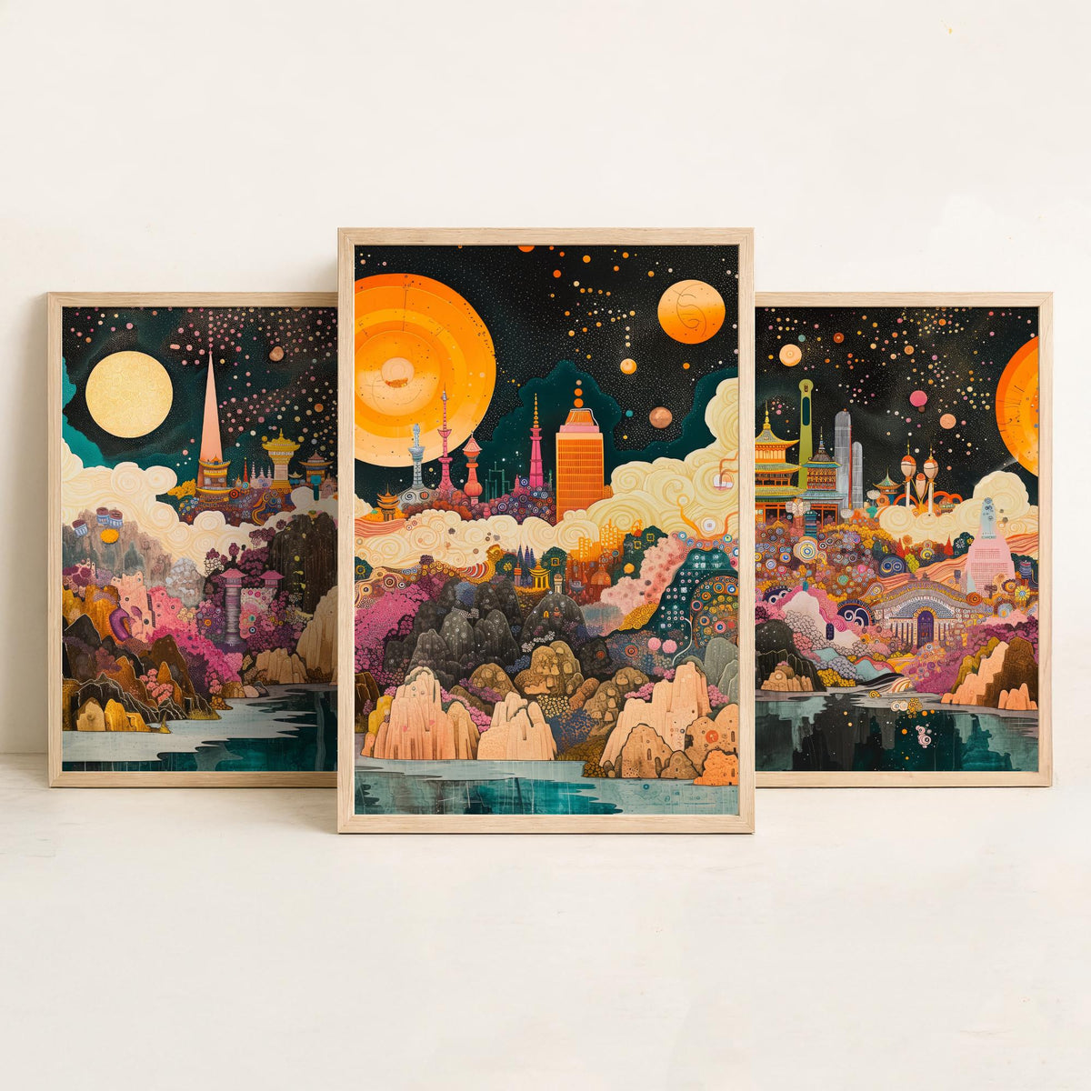 Seoul South Korea Skyline at Night Set of Three Prints - N Seoul Tower, Palaces, Namsan - 3 Art Prints Poster Painting