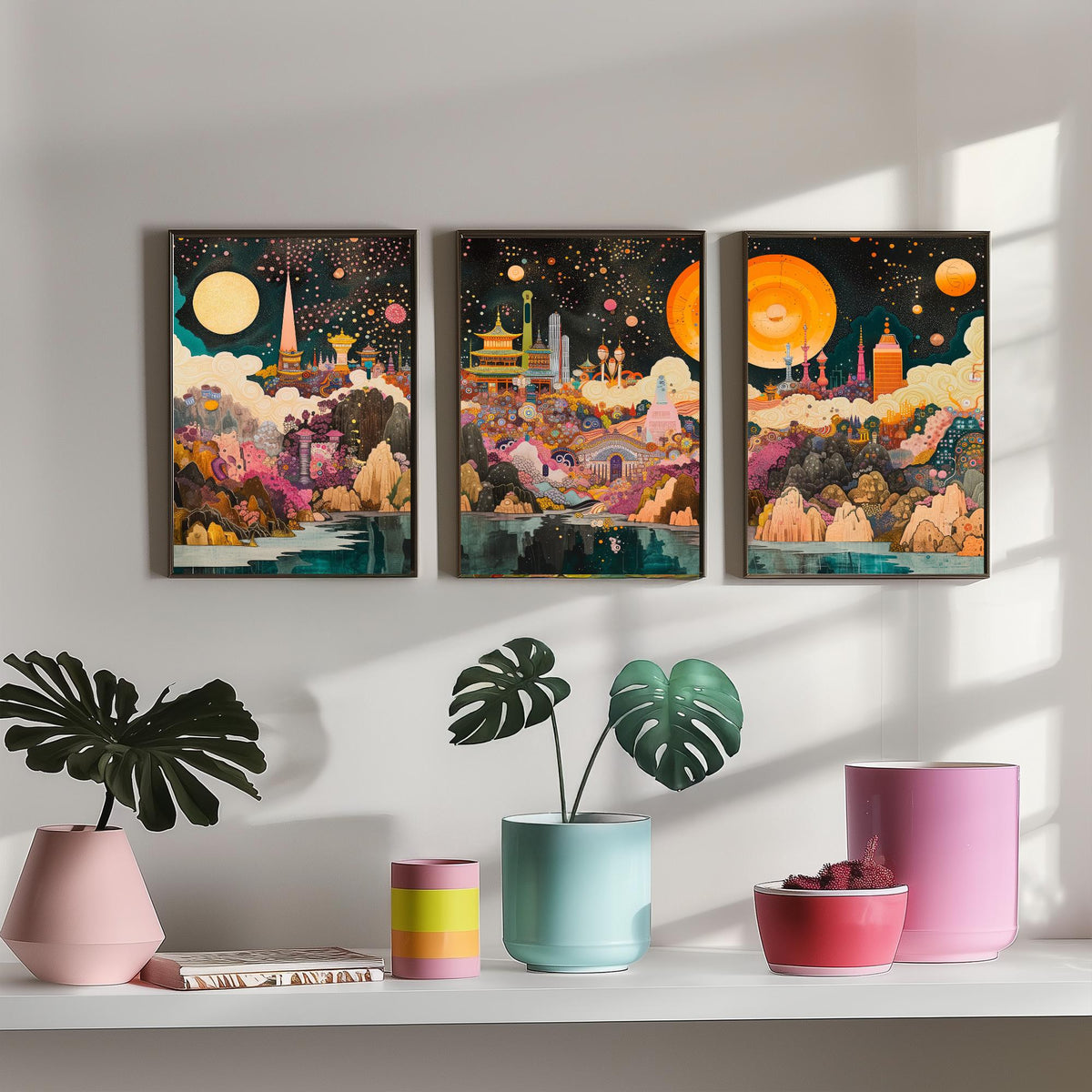 Seoul South Korea Skyline at Night Set of Three Prints - N Seoul Tower, Palaces, Namsan - 3 Art Prints Poster Painting