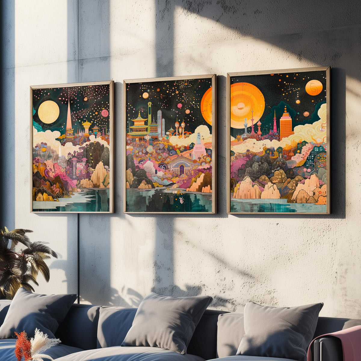 Seoul South Korea Skyline at Night Set of Three Prints - N Seoul Tower, Palaces, Namsan - 3 Art Prints Poster Painting