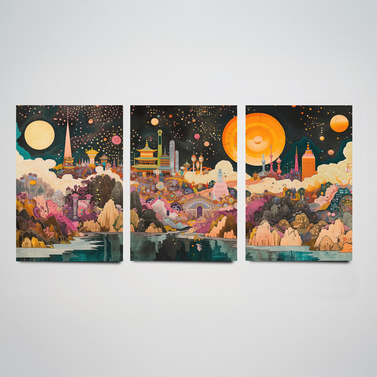 Seoul South Korea Skyline at Night Set of Three Prints - N Seoul Tower, Palaces, Namsan - 3 Art Prints Poster Painting
