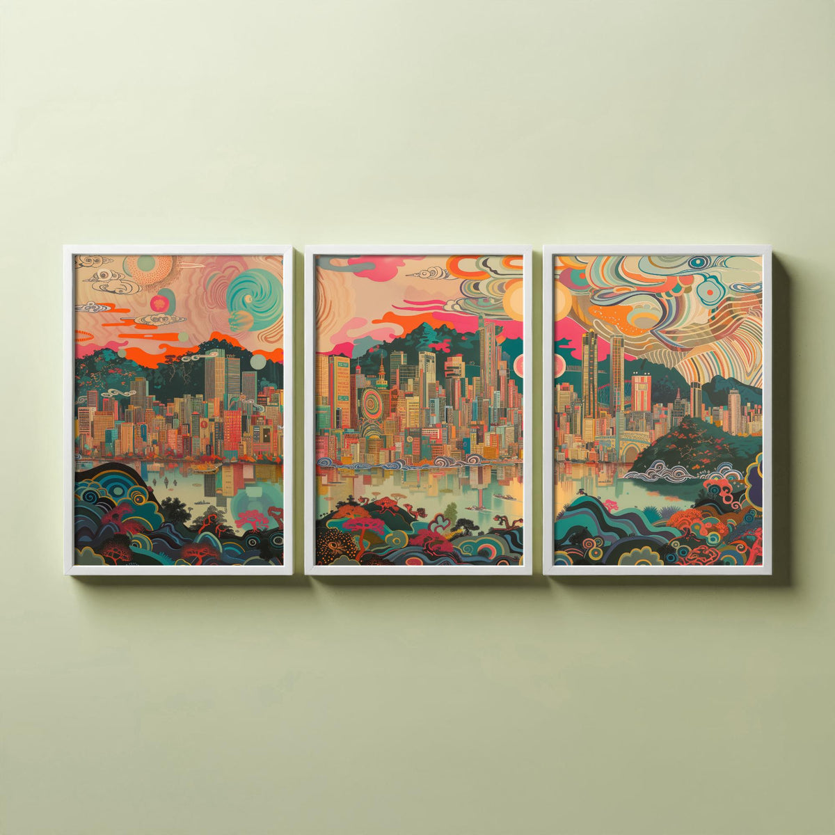 Seoul South Korea Skyline Set of Three Prints - N Seoul Tower, Namsan, Han River - 3 Daytime Panorama Art Prints Poster Illustration