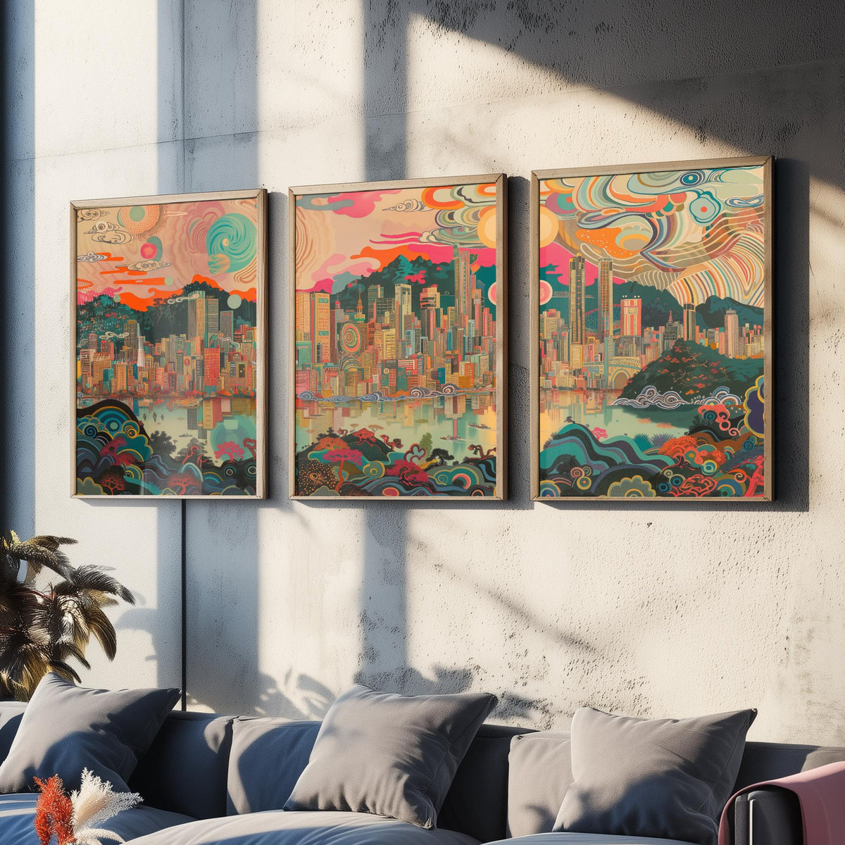 Seoul South Korea Skyline Set of Three Prints - N Seoul Tower, Namsan, Han River - 3 Daytime Panorama Art Prints Poster Illustration
