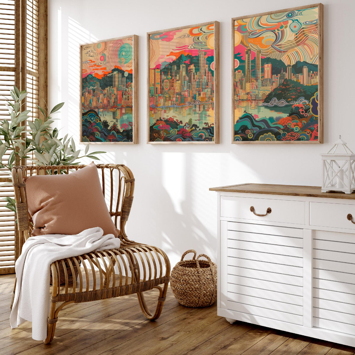 Seoul South Korea Skyline Set of Three Prints - N Seoul Tower, Namsan, Han River - 3 Daytime Panorama Art Prints Poster Illustration