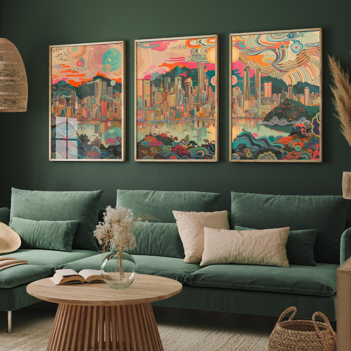 Seoul South Korea Skyline Set of Three Prints - N Seoul Tower, Namsan, Han River - 3 Daytime Panorama Art Prints Poster Illustration