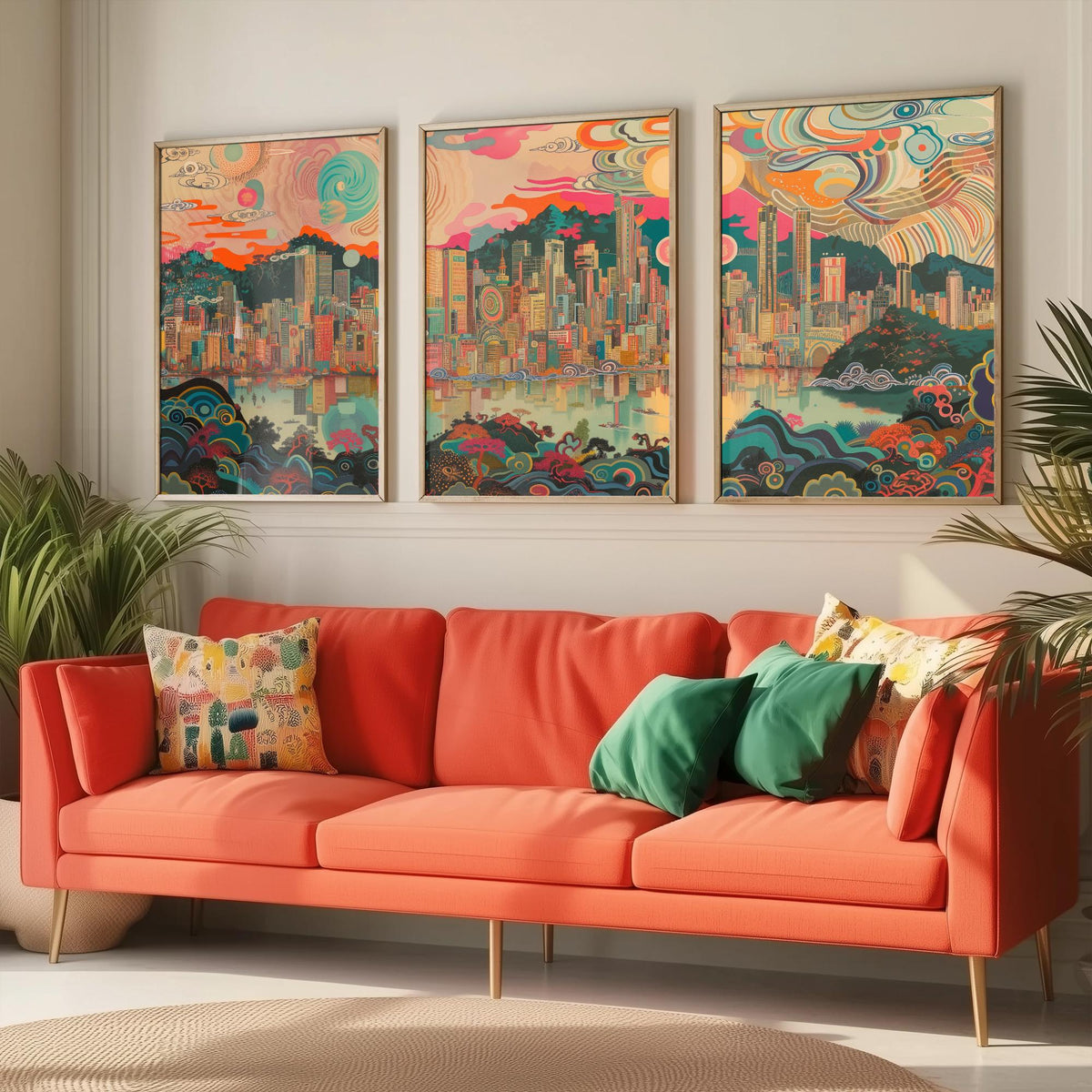 Seoul South Korea Skyline Set of Three Prints - N Seoul Tower, Namsan, Han River - 3 Daytime Panorama Art Prints Poster Illustration