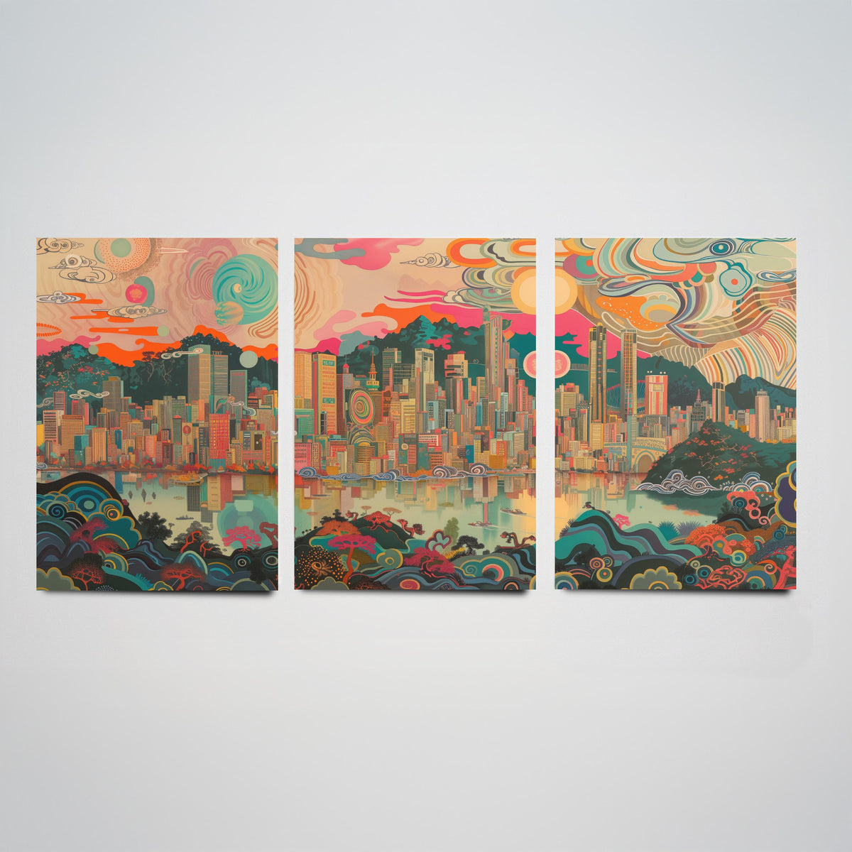 Seoul South Korea Skyline Set of Three Prints - N Seoul Tower, Namsan, Han River - 3 Daytime Panorama Art Prints Poster Illustration