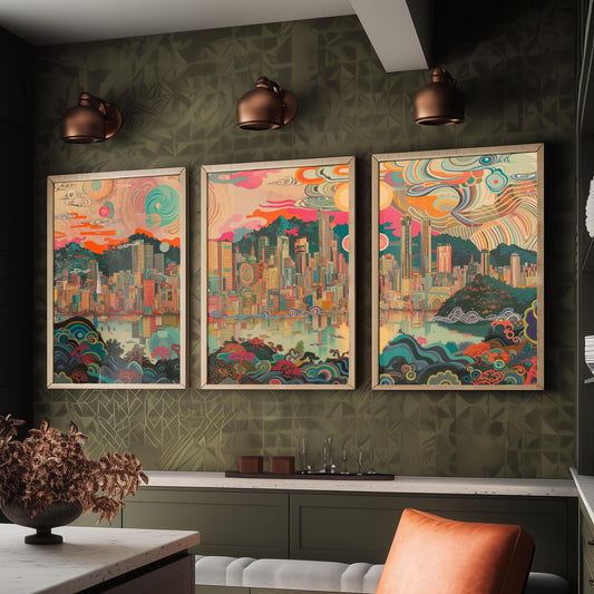 Seoul South Korea Skyline Set of Three Prints - N Seoul Tower, Namsan, Han River - 3 Daytime Panorama Art Prints Poster Illustration