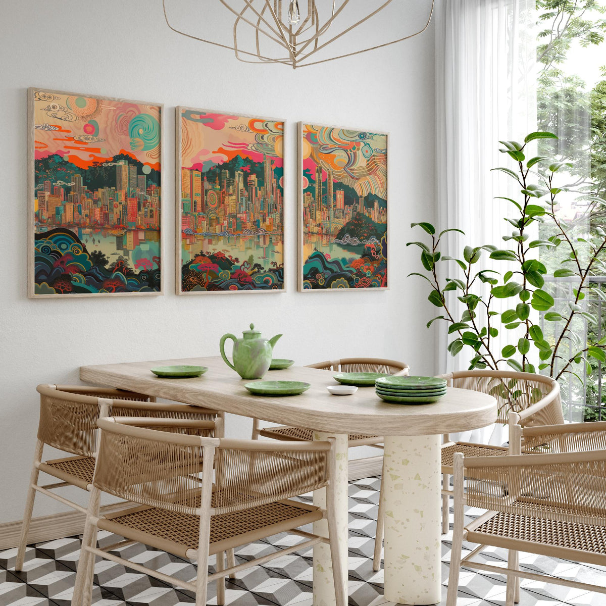 Seoul South Korea Skyline Set of Three Prints - N Seoul Tower, Namsan, Han River - 3 Daytime Panorama Art Prints Poster Illustration