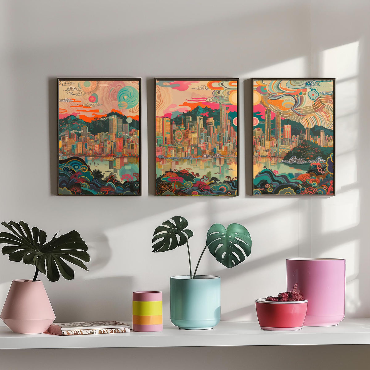 Seoul South Korea Skyline Set of Three Prints - N Seoul Tower, Namsan, Han River - 3 Daytime Panorama Art Prints Poster Illustration