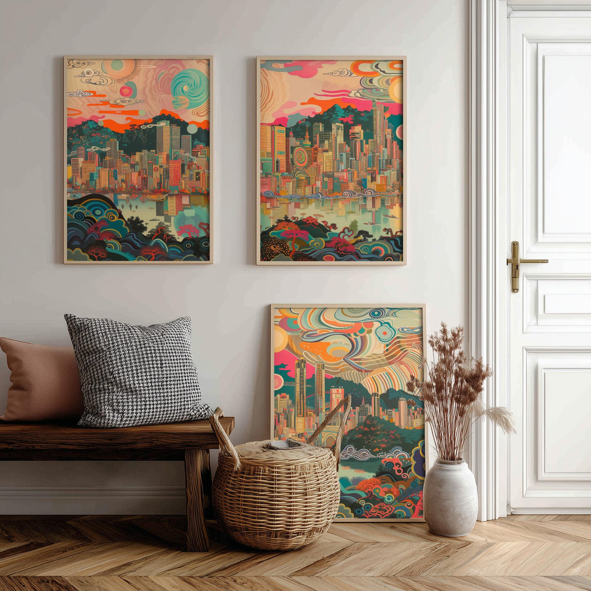 Seoul South Korea Skyline Set of Three Prints - N Seoul Tower, Namsan, Han River - 3 Daytime Panorama Art Prints Poster Illustration