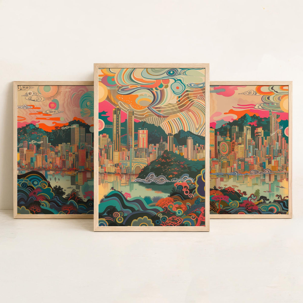 Seoul South Korea Skyline Set of Three Prints - N Seoul Tower, Namsan, Han River - 3 Daytime Panorama Art Prints Poster Illustration